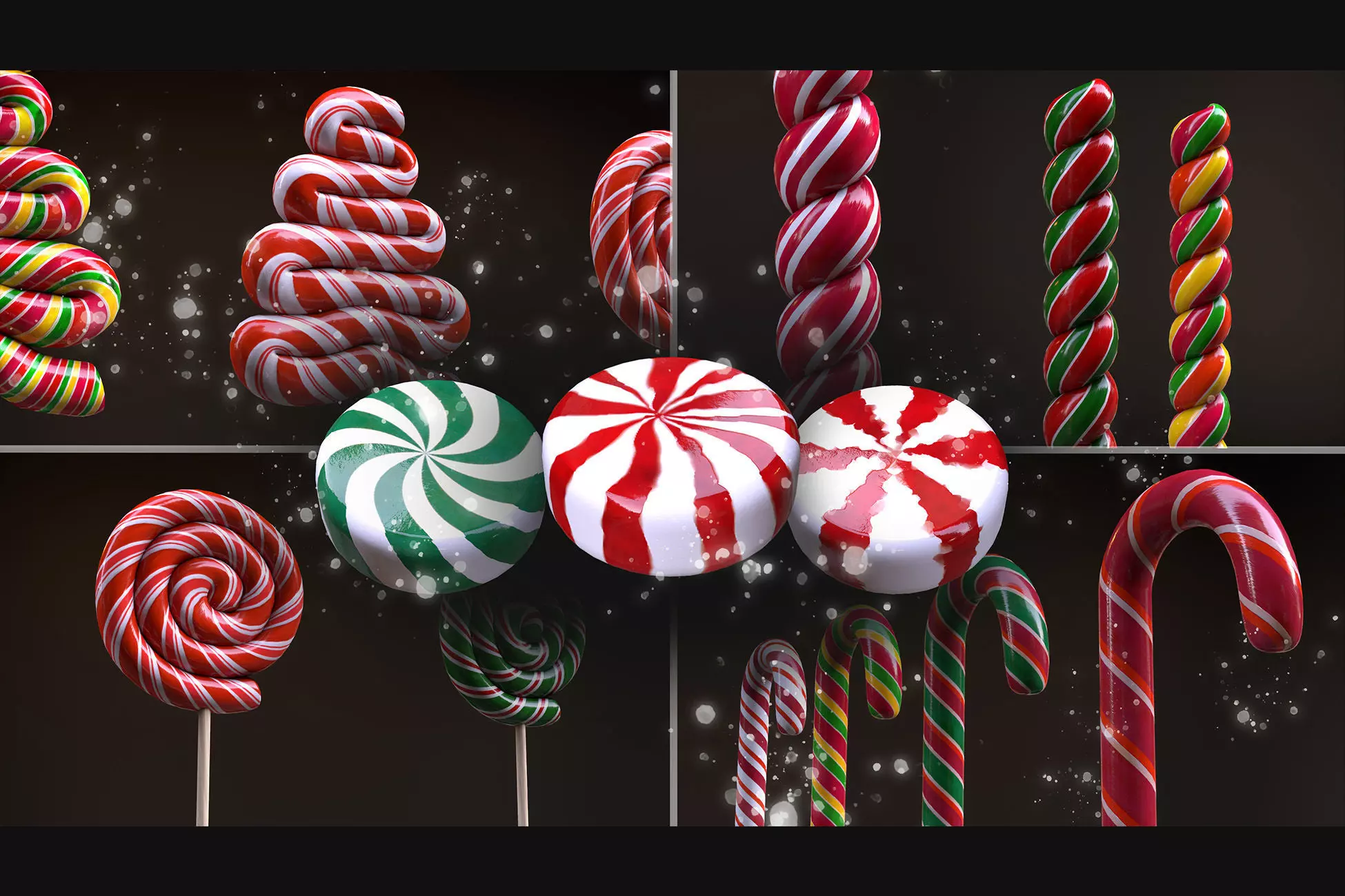 Candy canes and Christmas sweets Low-poly 3D model_0