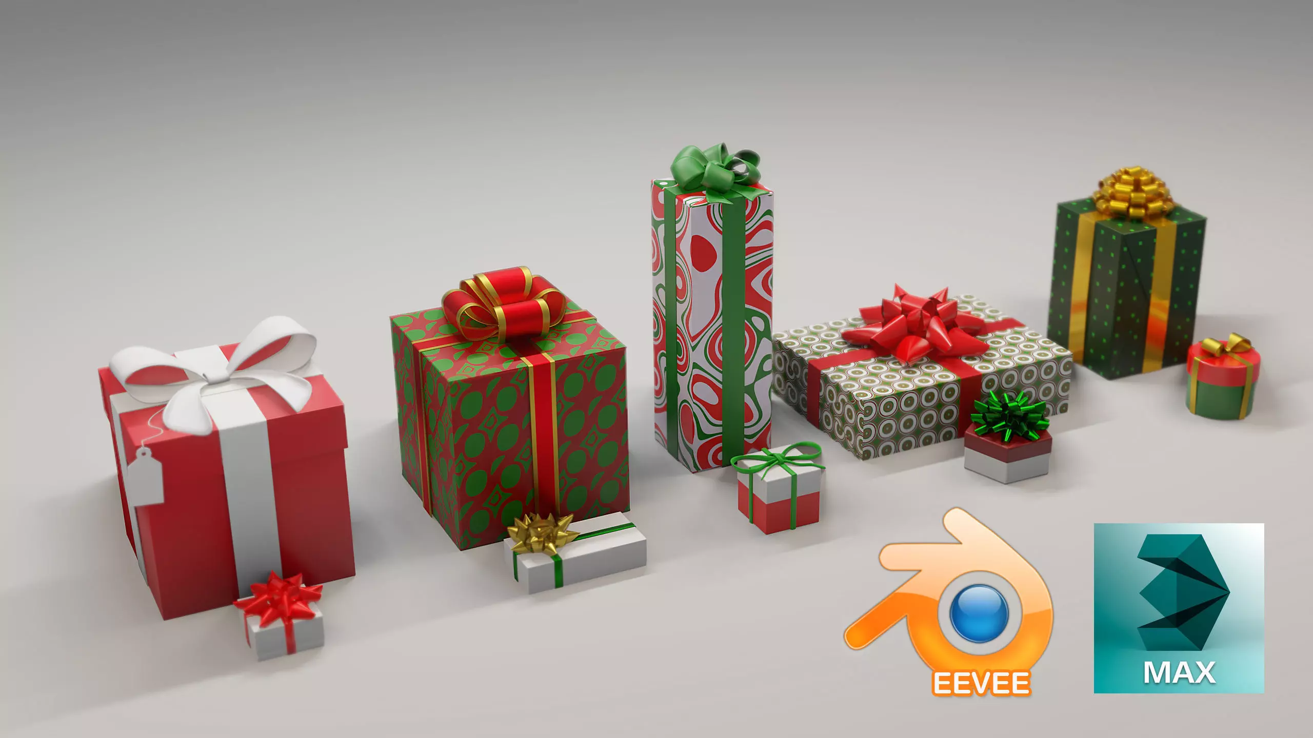 10 Christmas Gift Boxes and Bows Low-poly 3D model_0