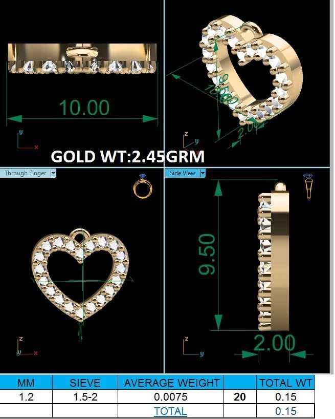 Pendant-733 heart shaped diamond pendant gold 3D print model_1