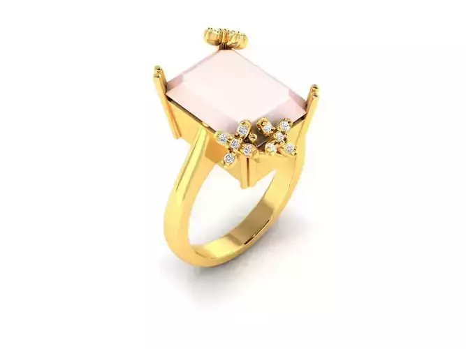 Ring-1418 rose quartz ring with diamonds gold