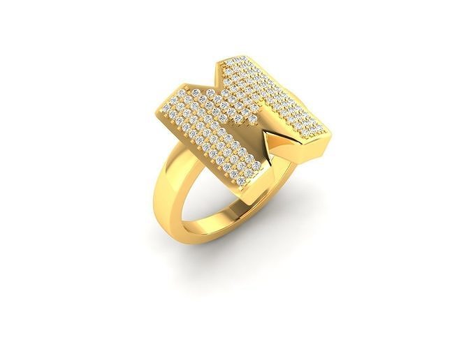 Ring-1409 letter m gold ring with diamonds 3D print model