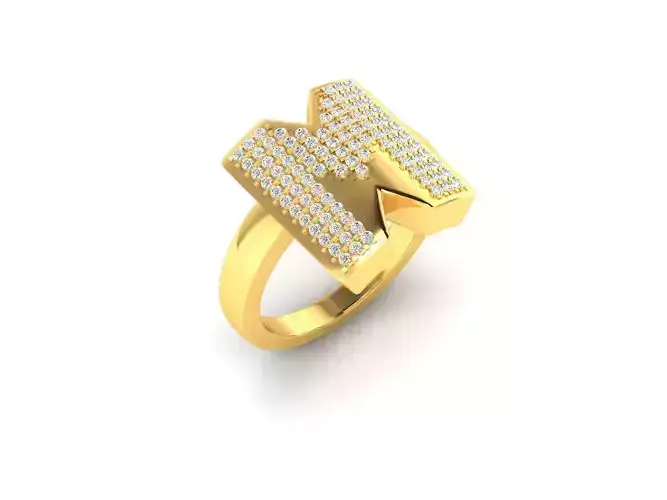 Ring-1409 letter m gold ring with diamonds