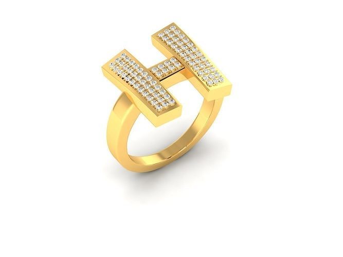 Ring-1408 letter h gold ring with diamonds 3D print model
