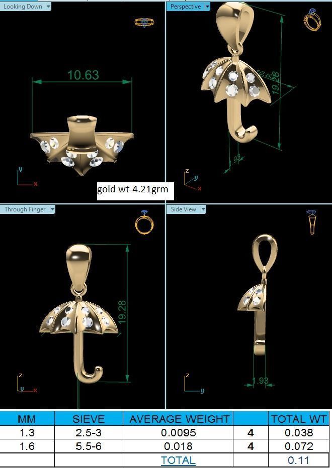 Pendant-1001 umbrella pendant gold with diamonds 3D print model_1