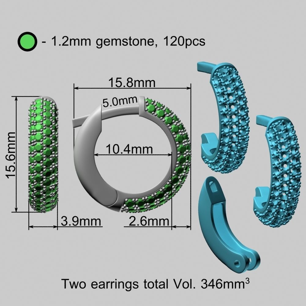 Pave Setting Gems Round Gold Earrings 3D print model_21
