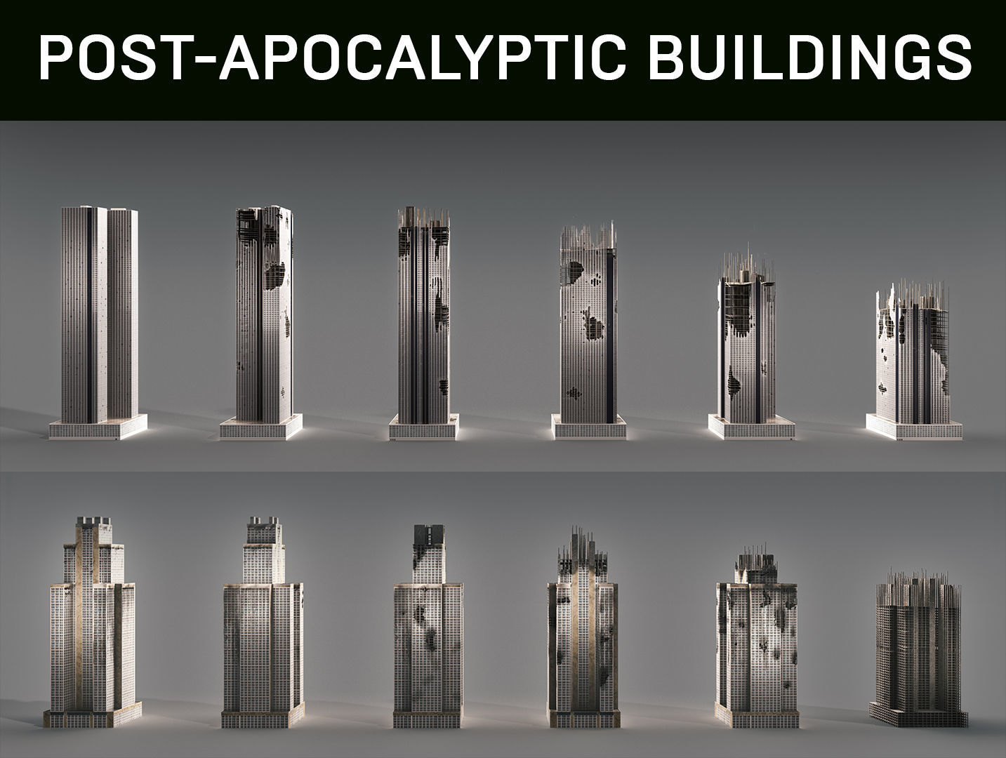 Post-Apocalyptic Background Buildings Low-poly 3D model_0