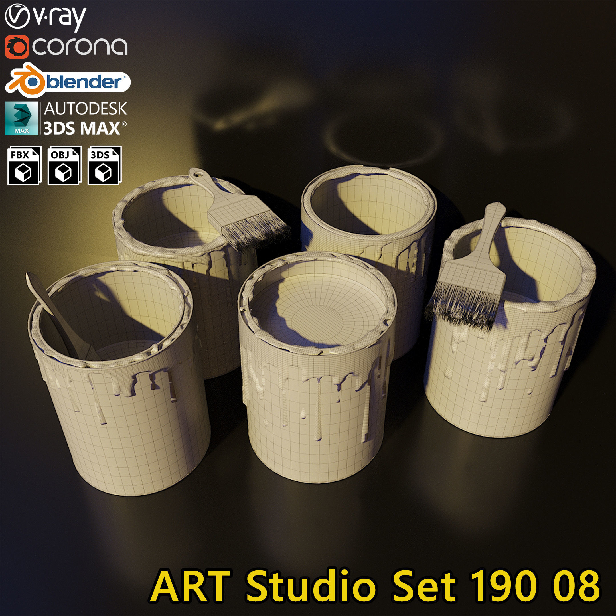 Artist Studio Cans Brushes Set 190 08 3D model_2