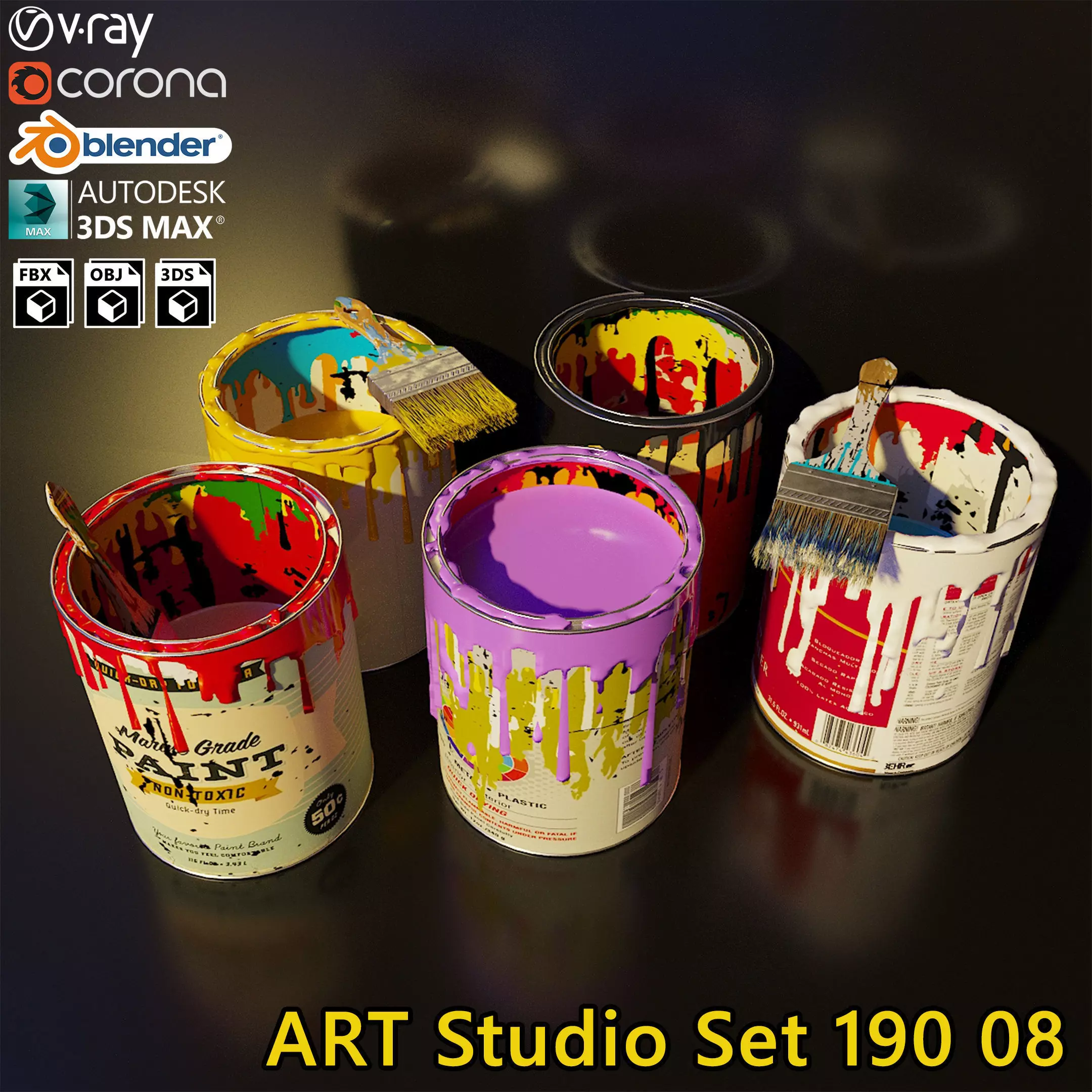 Artist Studio Cans Brushes Set 190 08 3D model_0