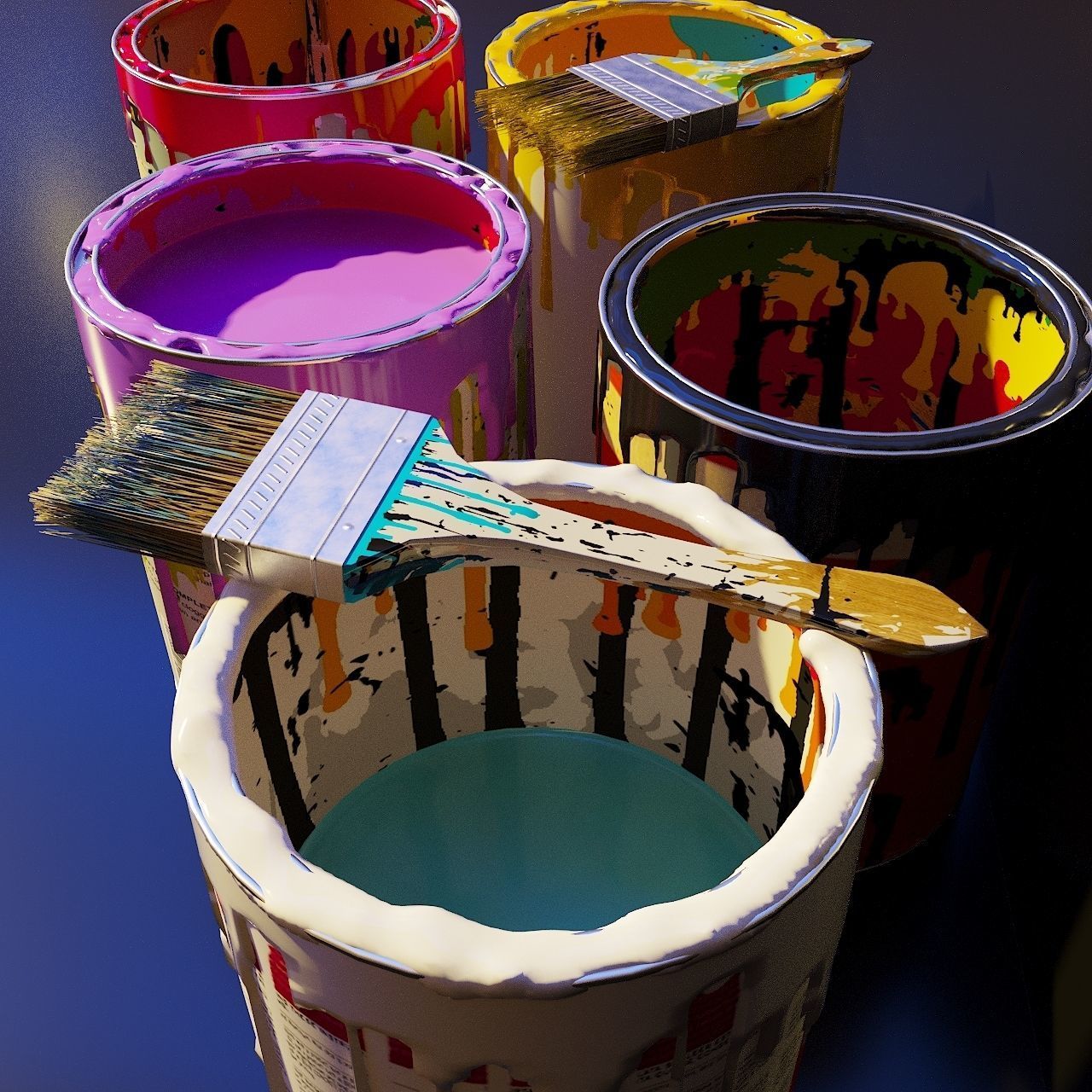 Artist Studio Cans Brushes Set 190 08 3D model_4