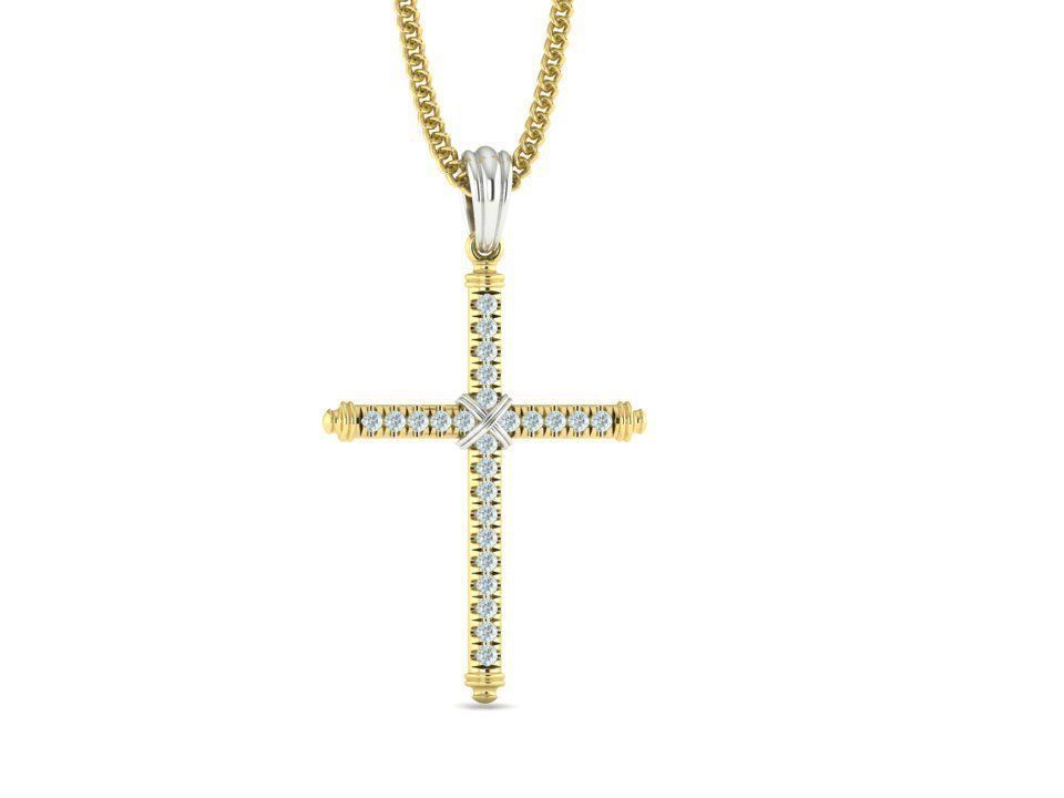 Diamond Cross Necklace Two-Tone Cross French Pave setting 3D print model_1