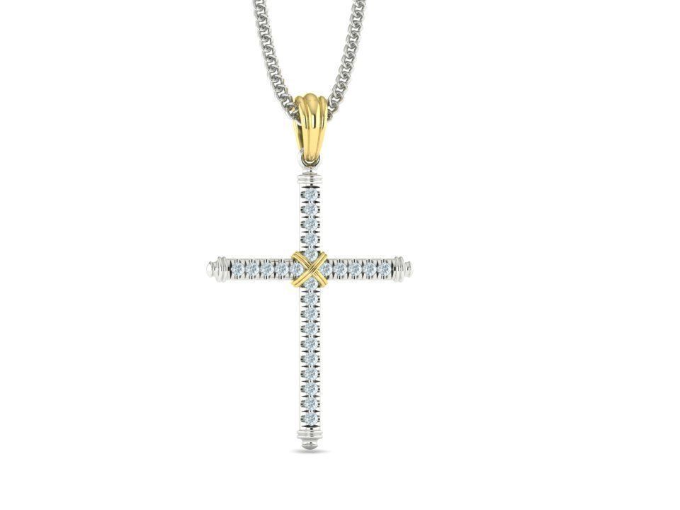 Diamond Cross Necklace Two-Tone Cross French Pave setting 3D print model_2