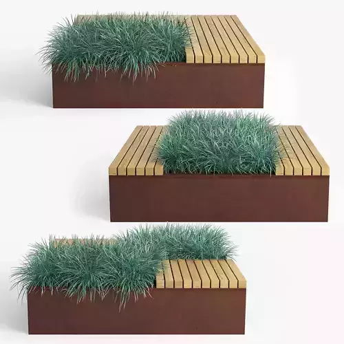 Flowerbed wooden bench with grass