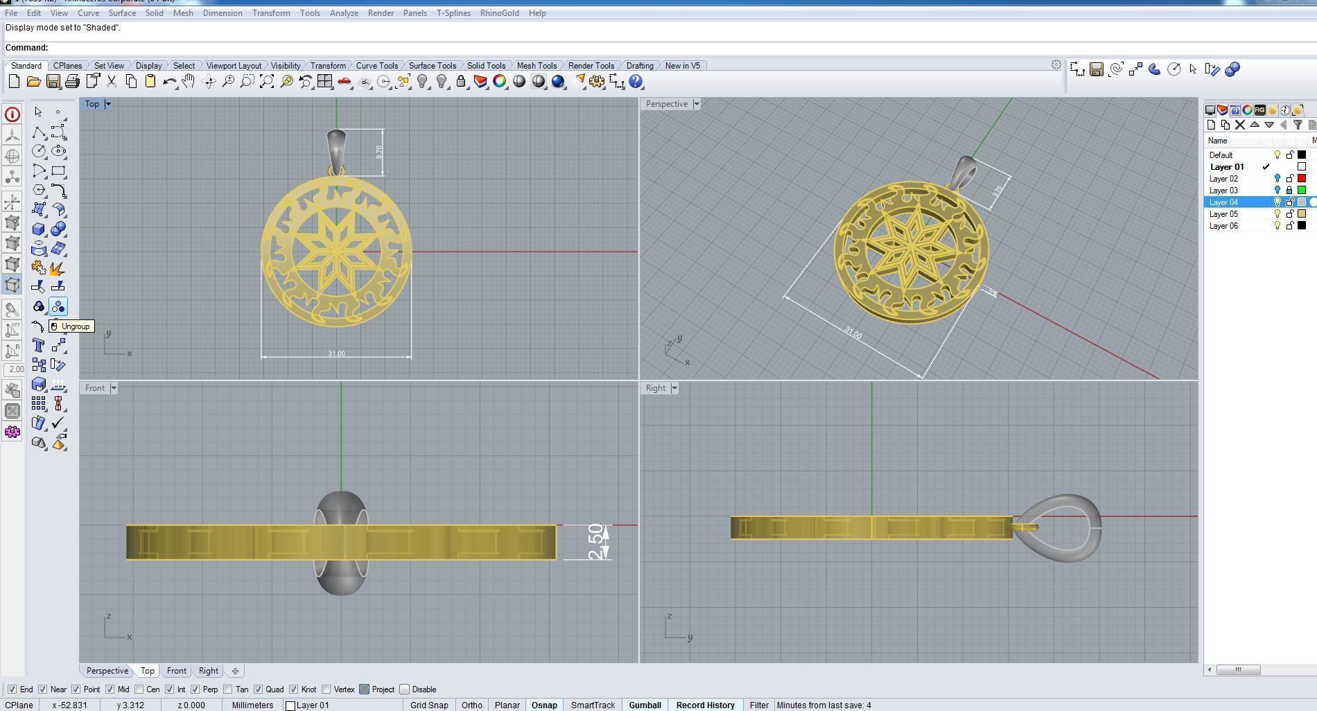 Pendant 3D print model gold plated with star in center 3D print model_6