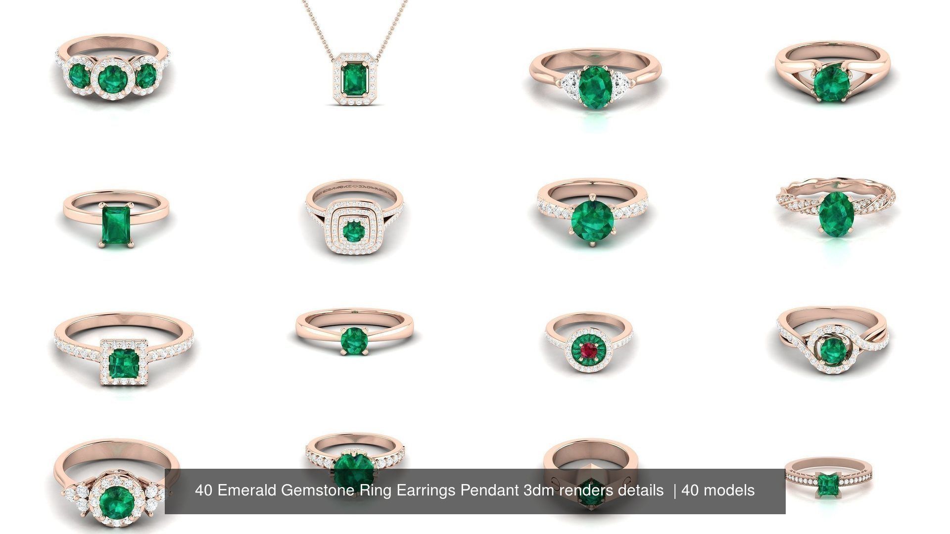 40 Emerald Gemstone Ring Earrings Pendant 3dm renders details  3D Model Collection_2