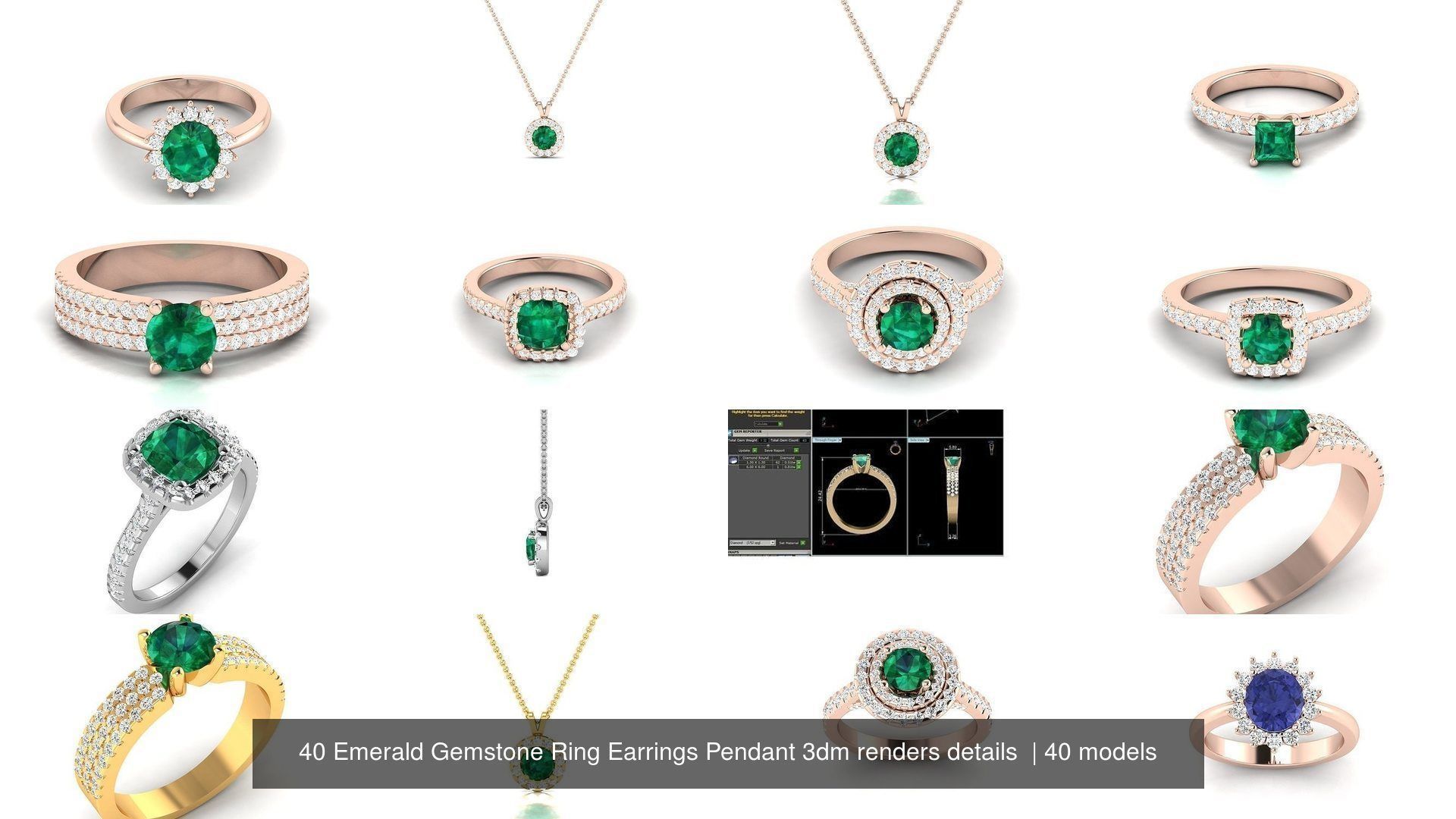 40 Emerald Gemstone Ring Earrings Pendant 3dm renders details  3D Model Collection_4