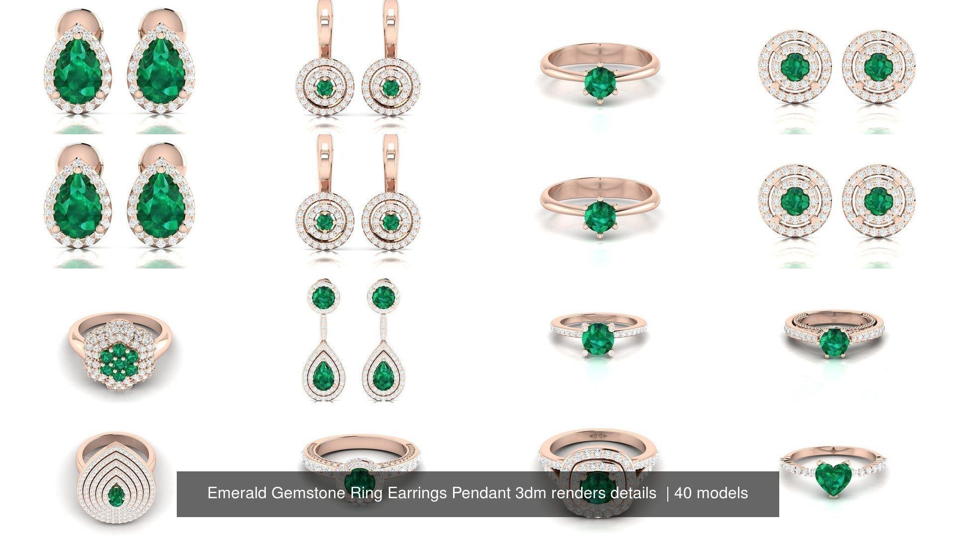 40 Emerald Gemstone Ring Earrings Pendant 3dm renders details  3D Model Collection_1