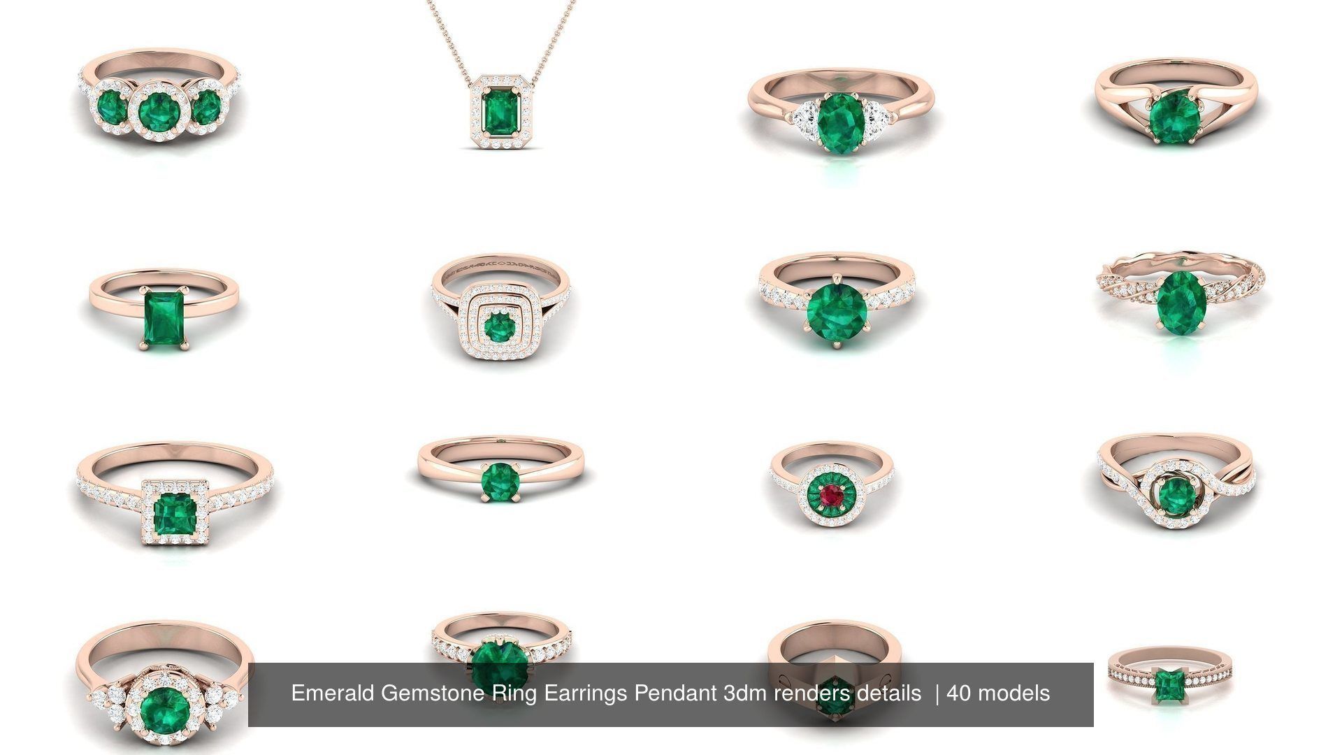 40 Emerald Gemstone Ring Earrings Pendant 3dm renders details  3D Model Collection_3