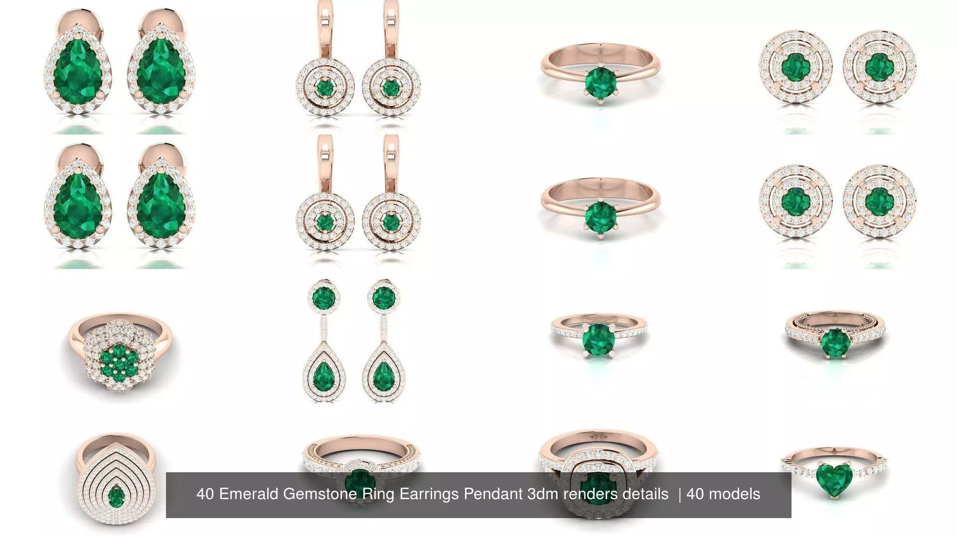 40 Emerald Gemstone Ring Earrings Pendant 3dm renders details  3D Model Collection_0