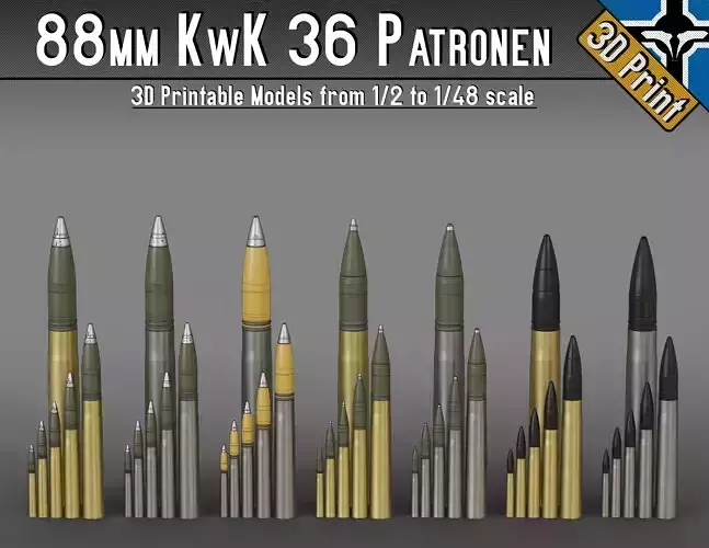 88mm KwK 36 Patronen --- 1-2 to 1-48 scale models --- 3D print model