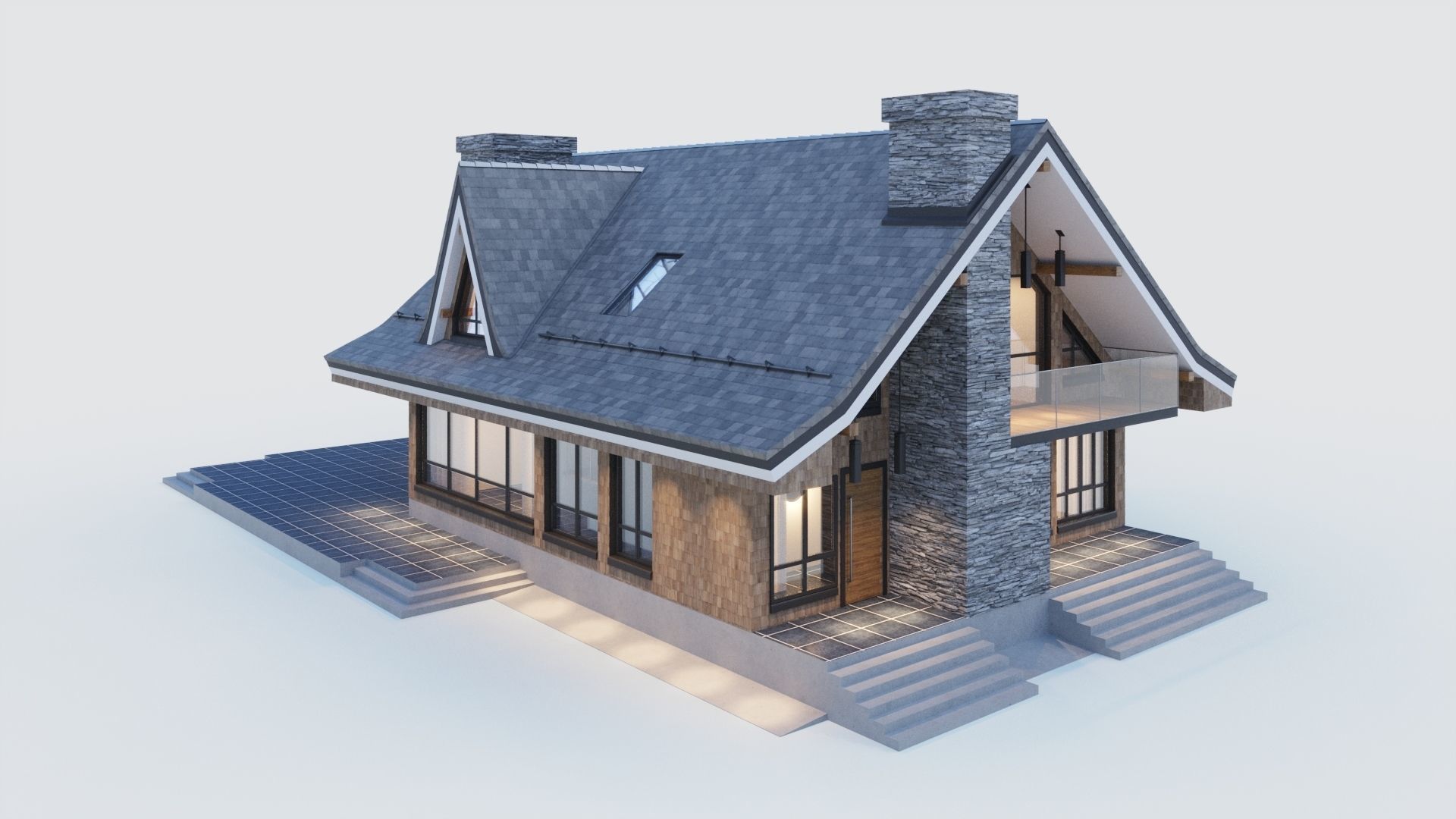 Modern half-timbered house with a residential attic 3D model_8