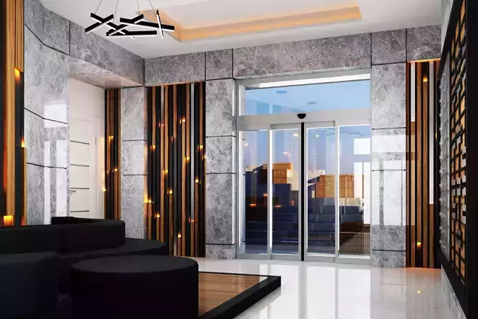 lobby modern with marble walls and furniture