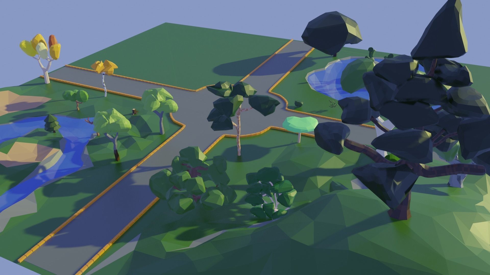 Low Poly Trees park with and pond 3D model_1