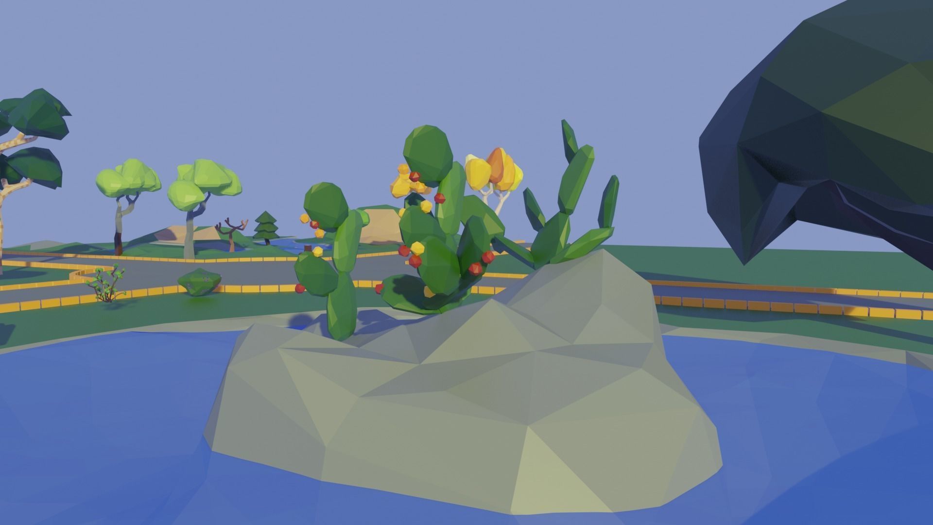 Low Poly Trees park with and pond 3D model_4