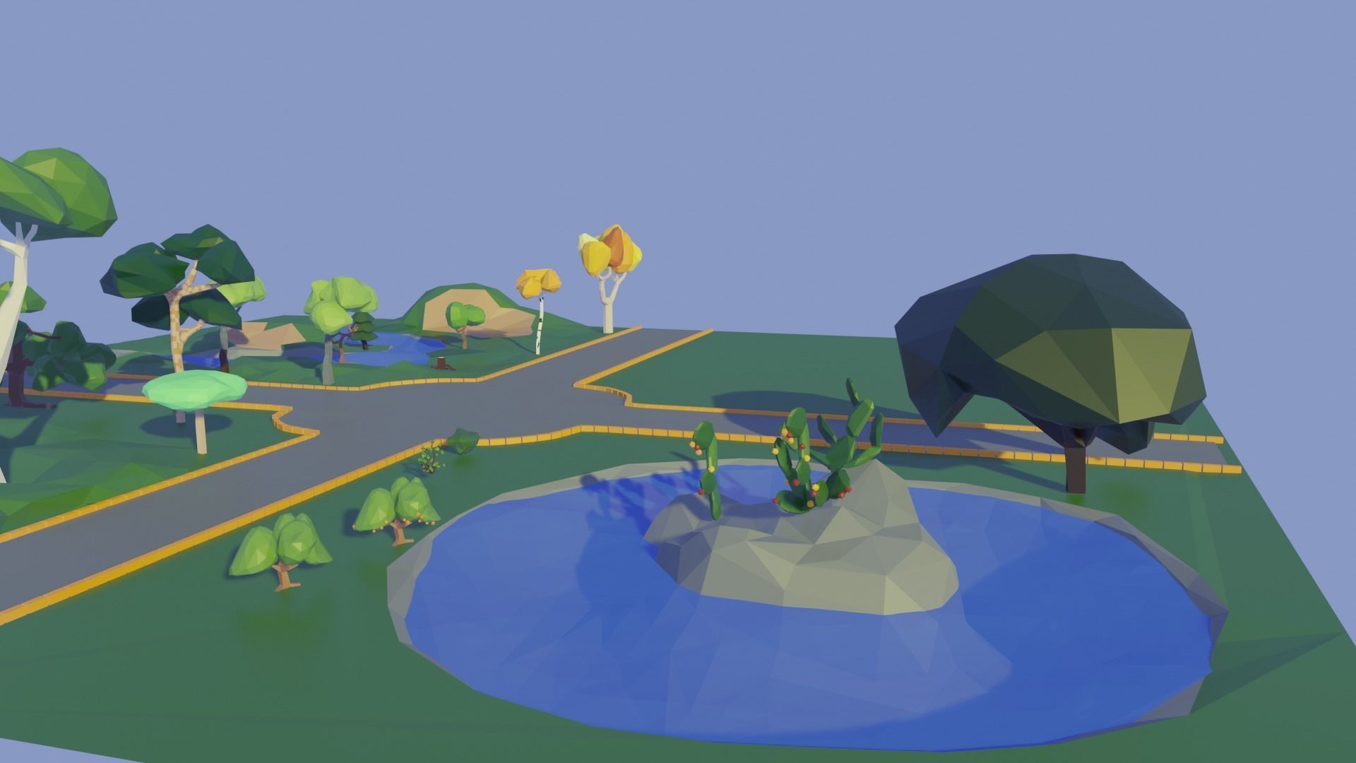 Low Poly Trees park with and pond 3D model_3