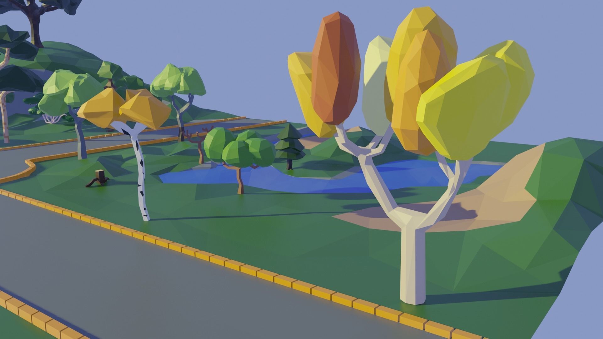 Low Poly Trees park with and pond 3D model_2