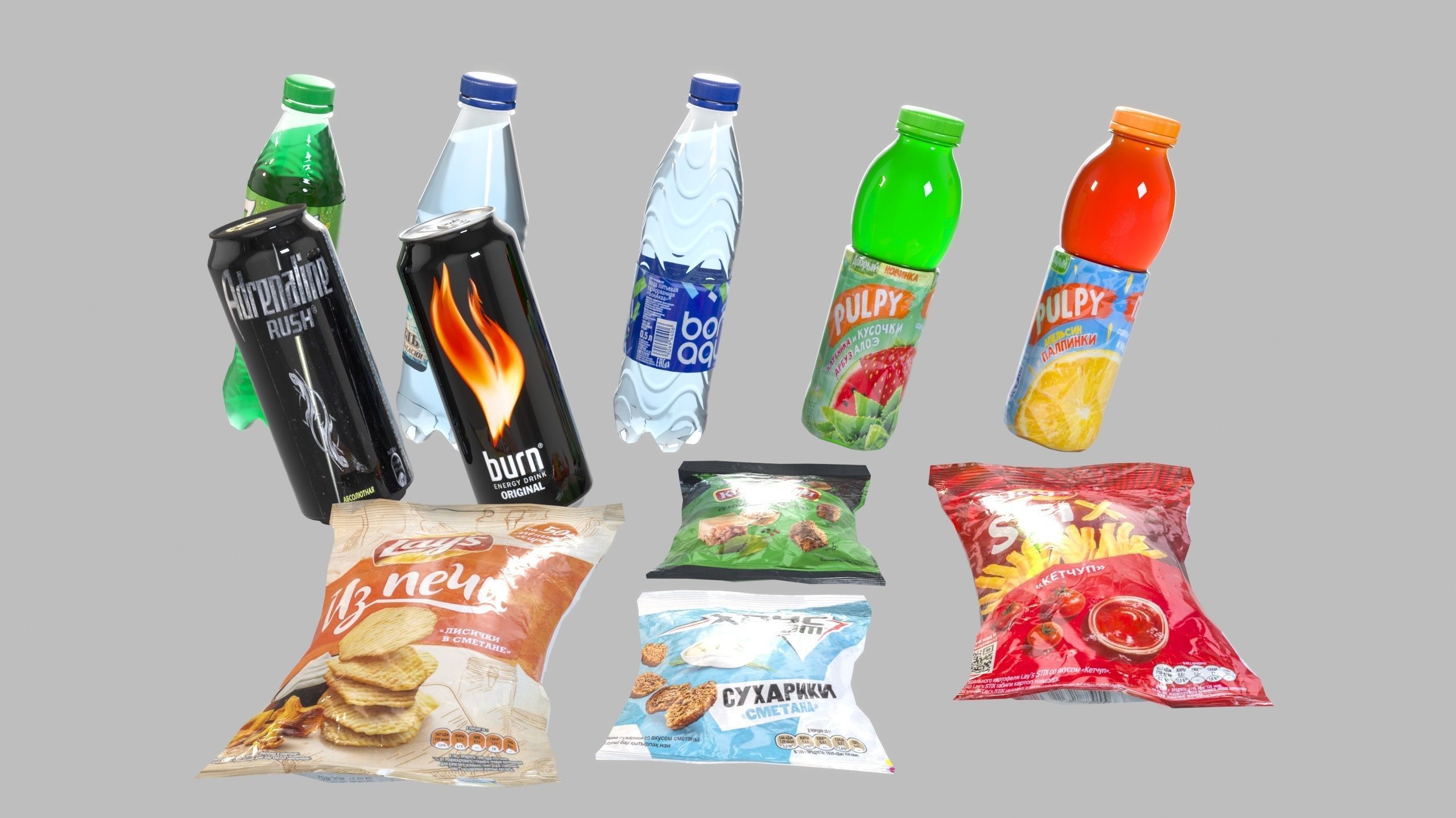 Set of drinks and snacks and chocolate bars Low-poly 3D model_9