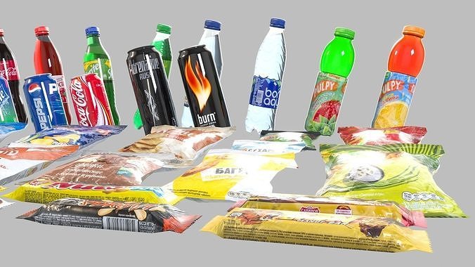 Set of drinks and snacks and chocolate bars Low-poly 3D model 4