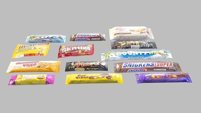 Set of drinks and snacks and chocolate bars Low-poly 3D model 2