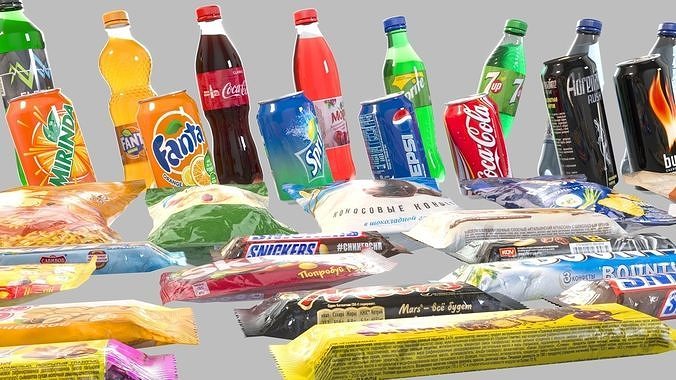 Set of drinks and snacks and chocolate bars Low-poly 3D model 5
