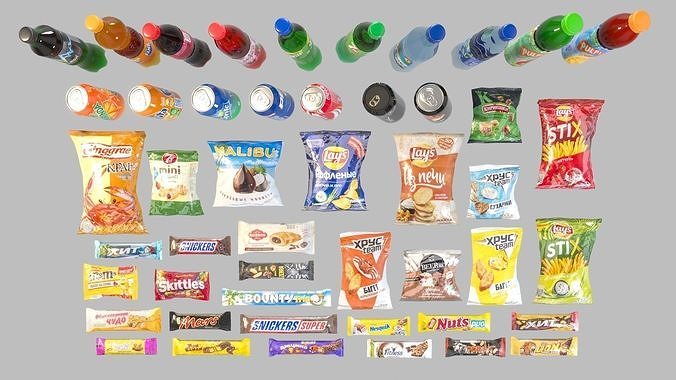 Set of drinks and snacks and chocolate bars Low-poly 3D model 3