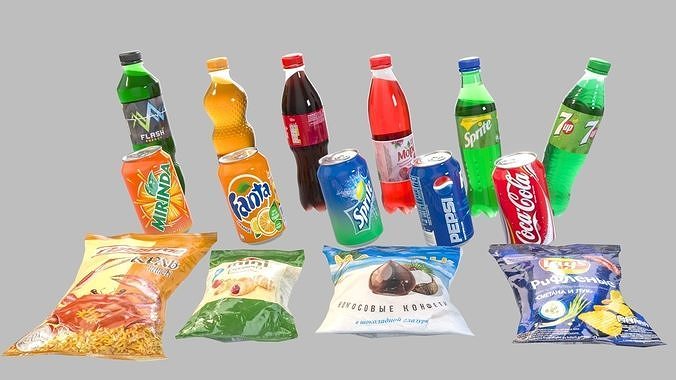 Set of drinks and snacks and chocolate bars Low-poly 3D model 7