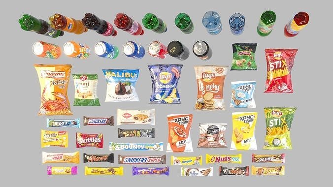 Set of drinks and snacks and chocolate bars Low-poly 3D model 6