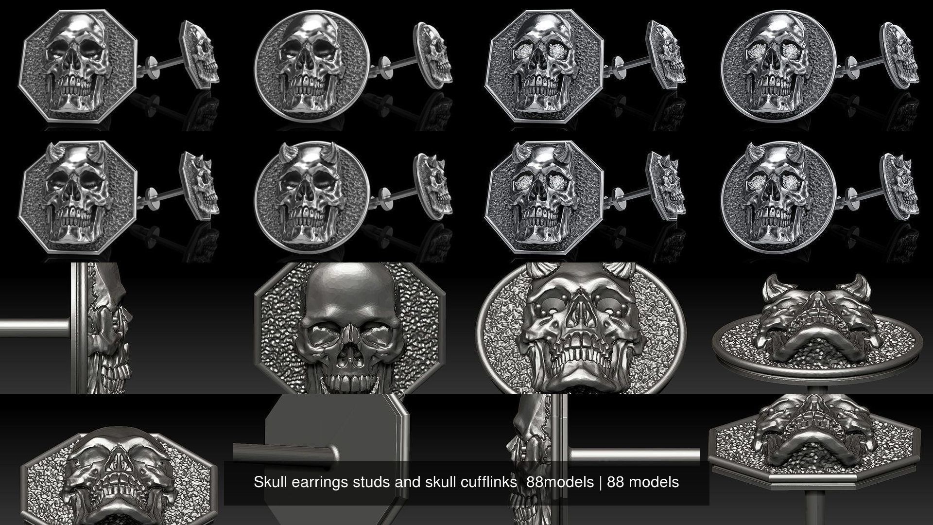 Skull earrings studs and skull cufflinks  88models 3D Model Collection_10