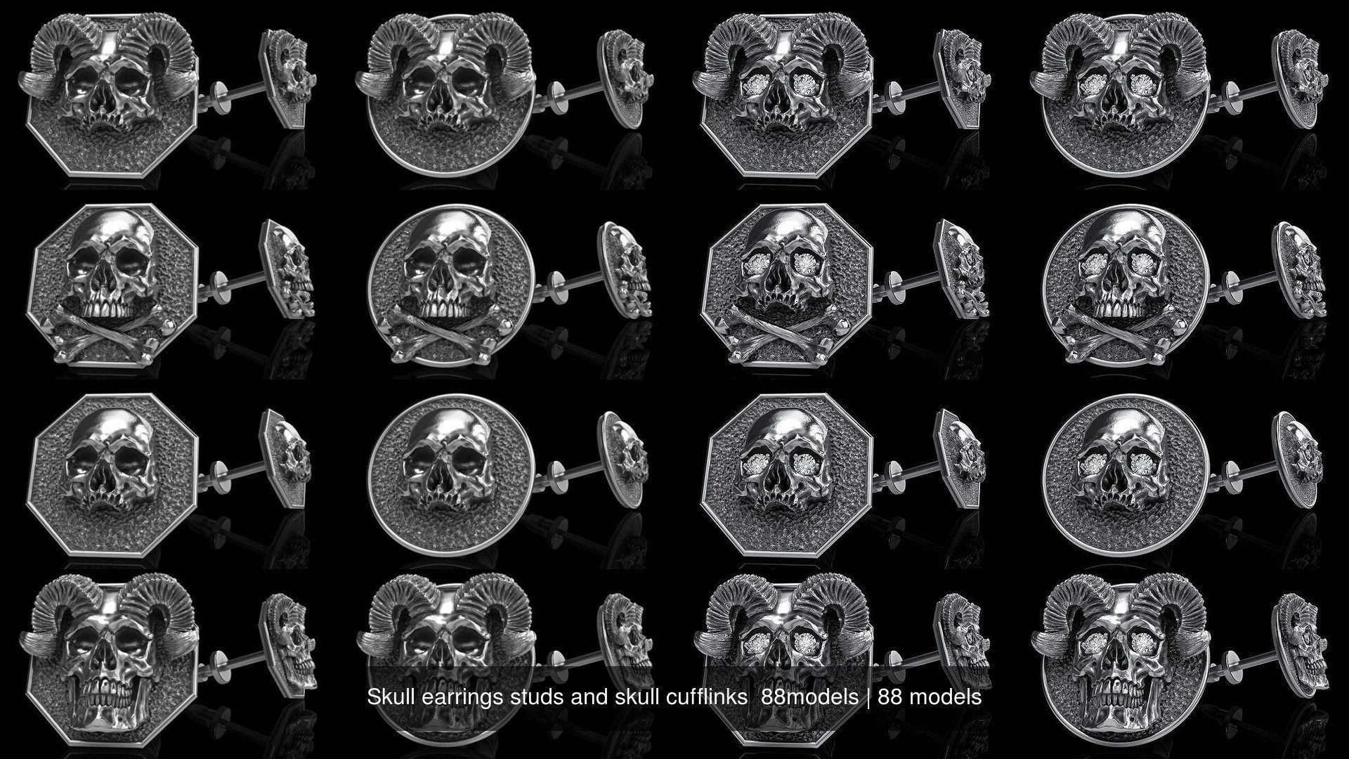 Skull earrings studs and skull cufflinks  88models 3D Model Collection_8