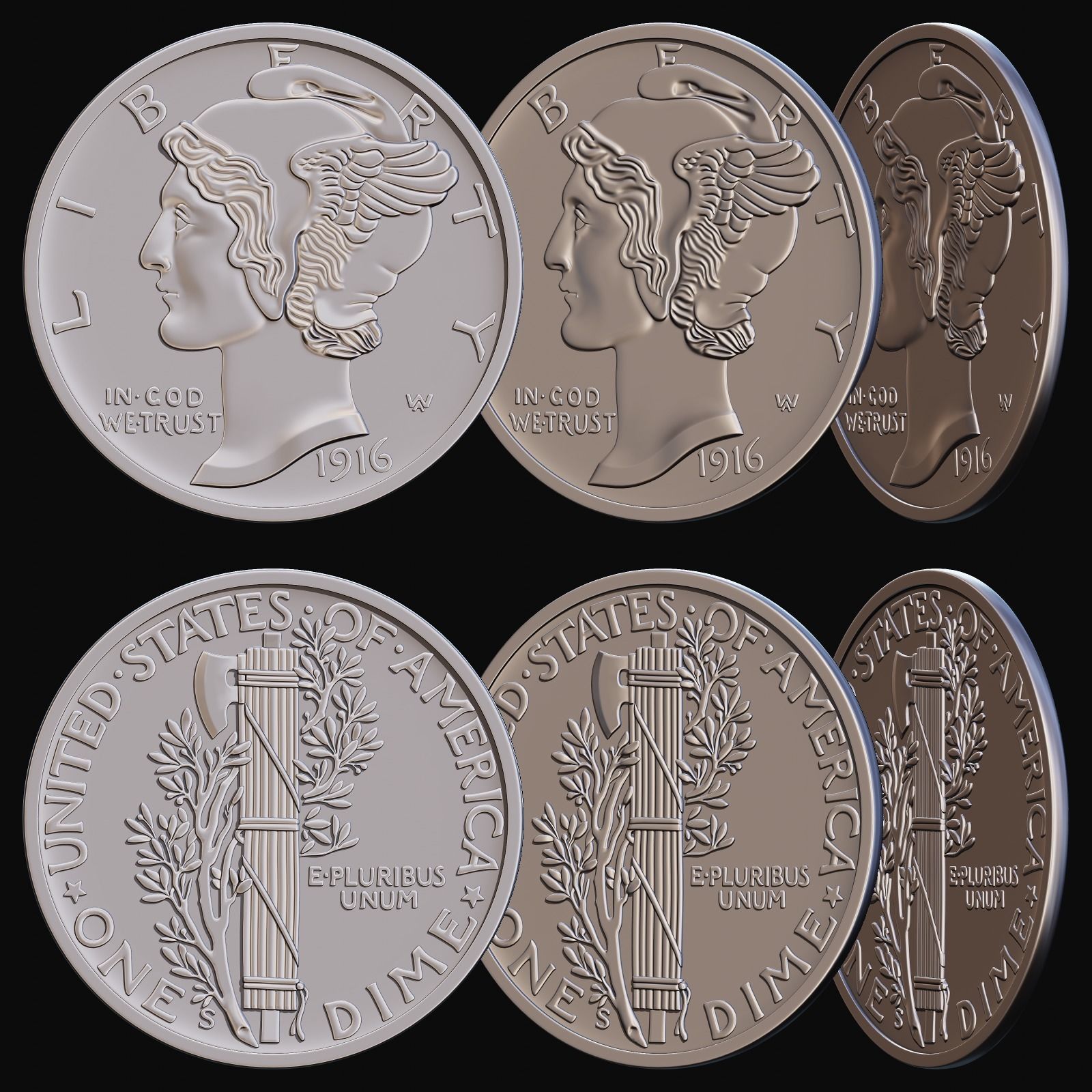 Mercury Dime 1916 for CNC Router and 3D print model_2