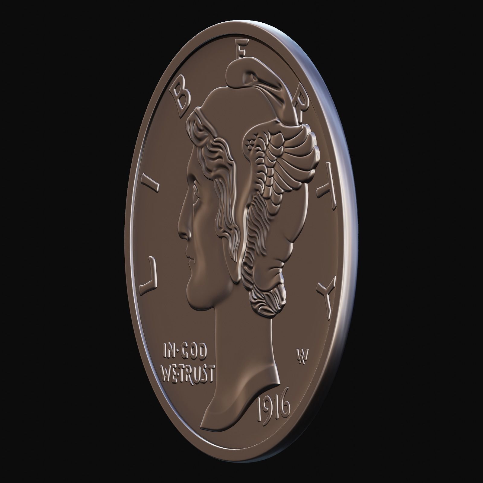 Mercury Dime 1916 for CNC Router and 3D print model_4