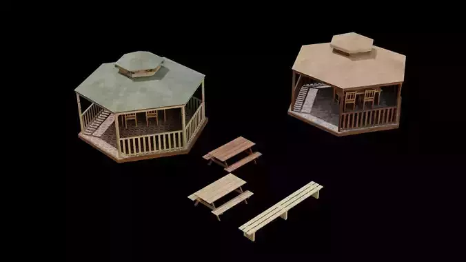 Gazeboo and Bench Low-poly 3D models  3D Model Collection