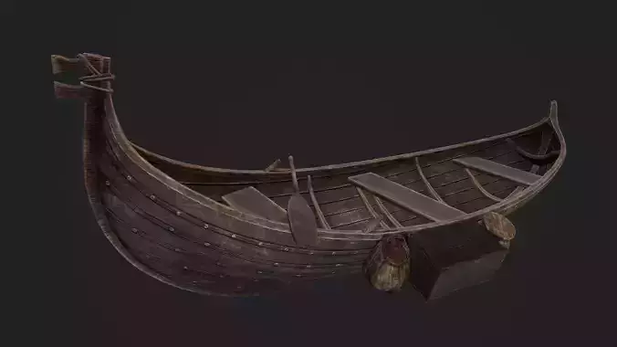 Viking Wooden Boat and Props Game-Ready