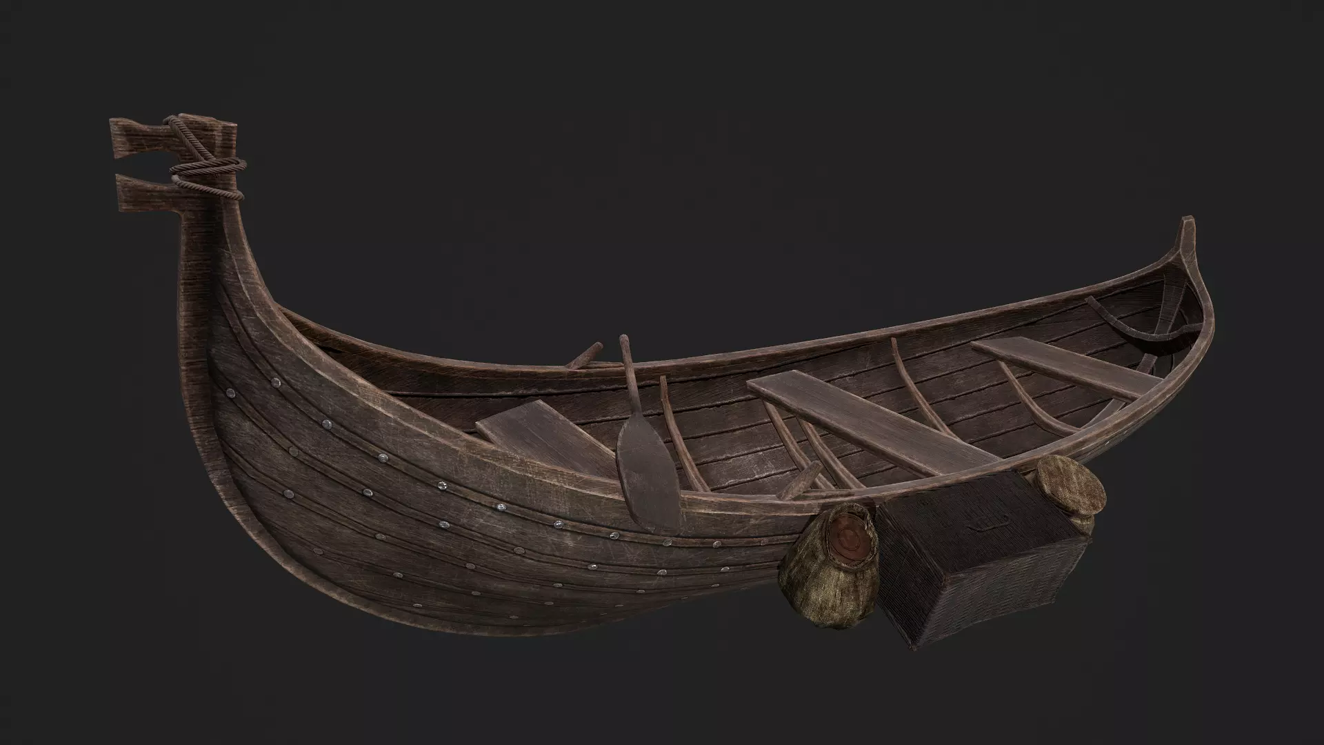 Viking Wooden Boat and Props Game-Ready Low-poly 3D model_0