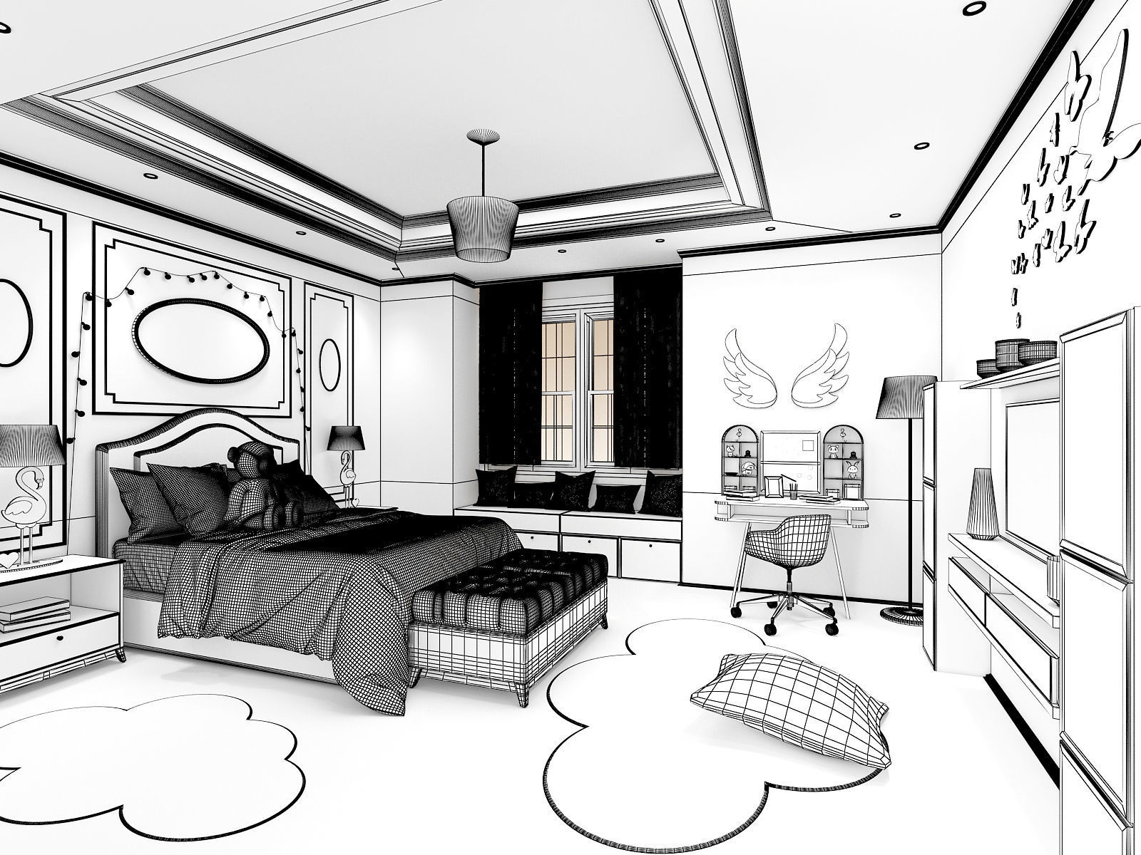 Girls bedroom interior design 3D model_23