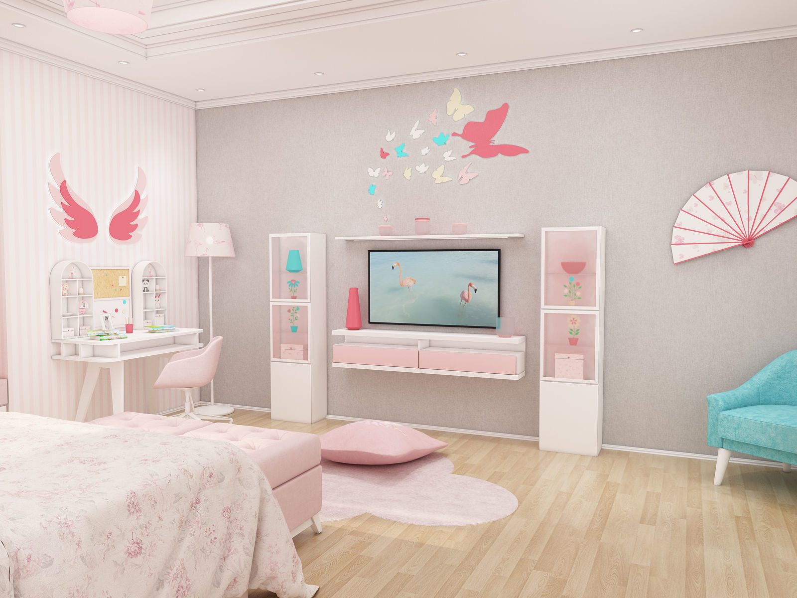 Girls bedroom interior design 3D model_2