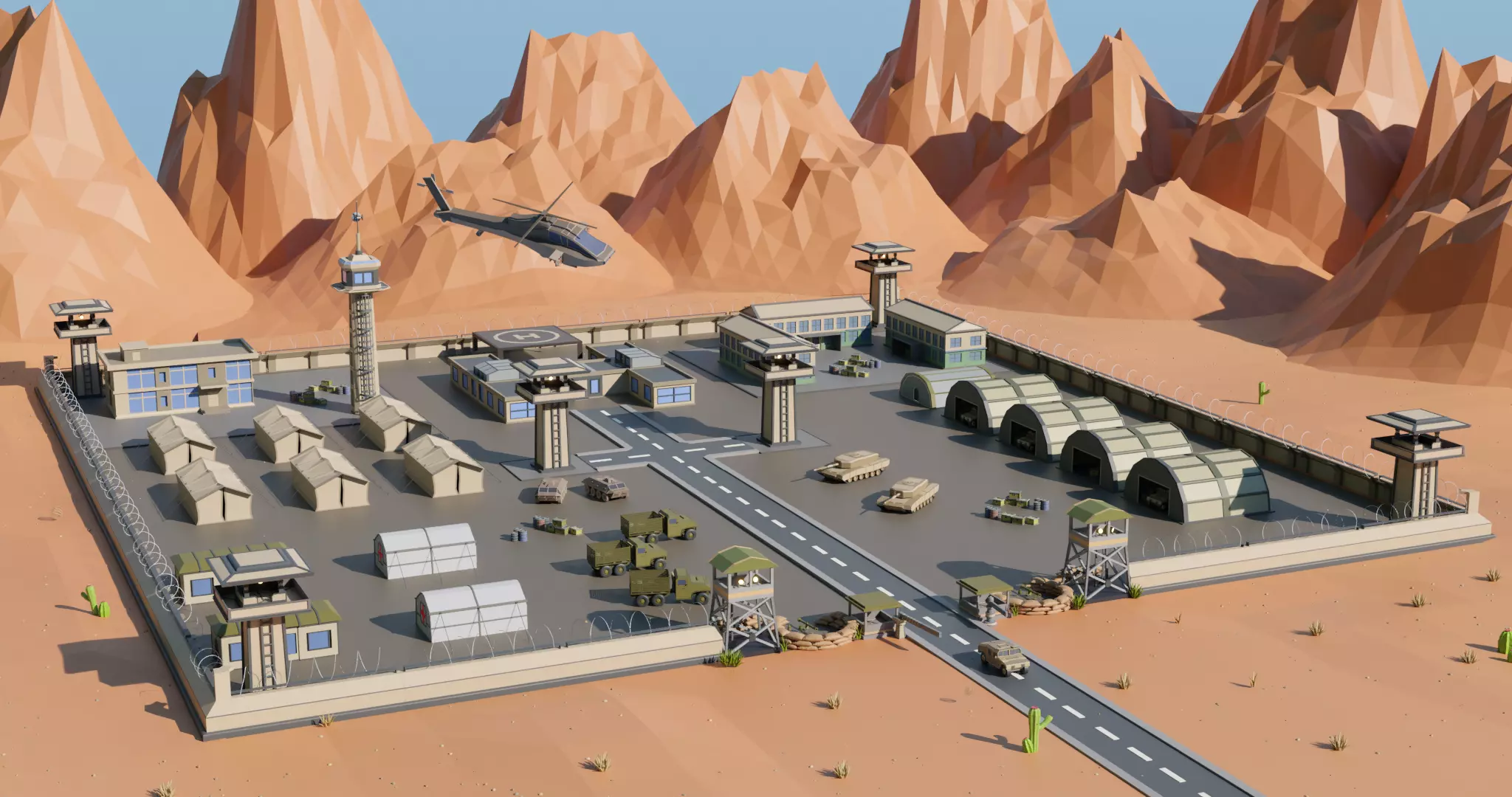 Desert military base Low-poly 3D model_0