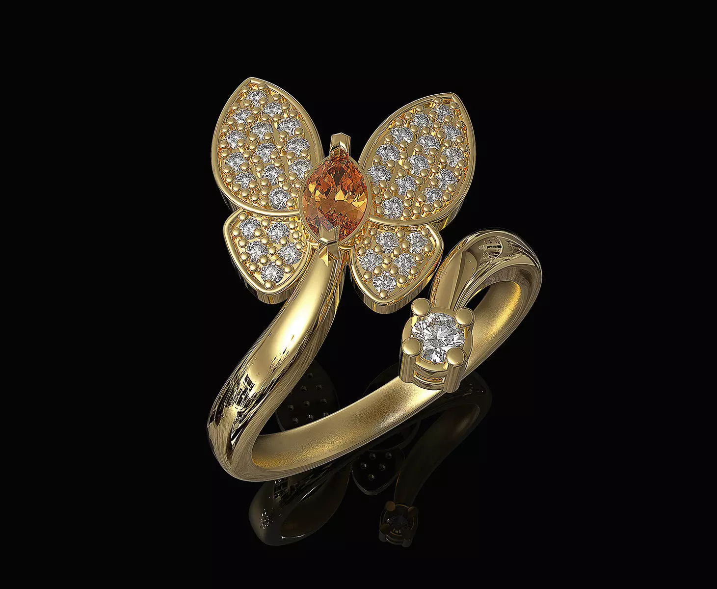 Simple Butterfly Ring with diamond 3D print model_0