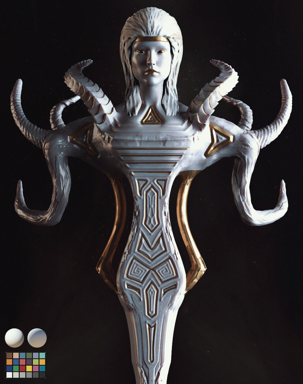 Goddess - OBJ statue of woman with horns 3D model_2