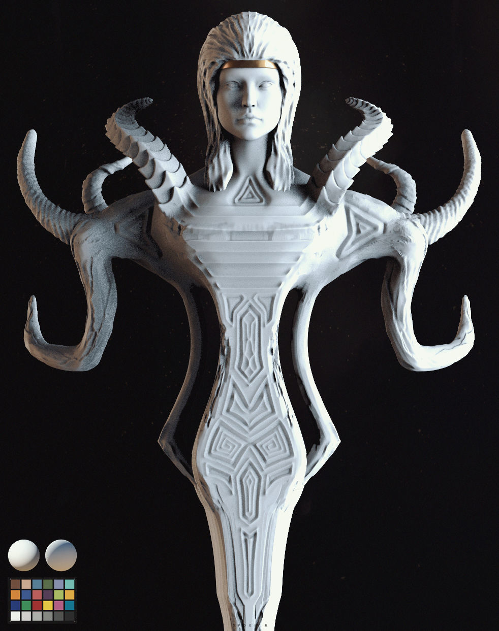 Goddess - OBJ statue of woman with horns 3D model_4