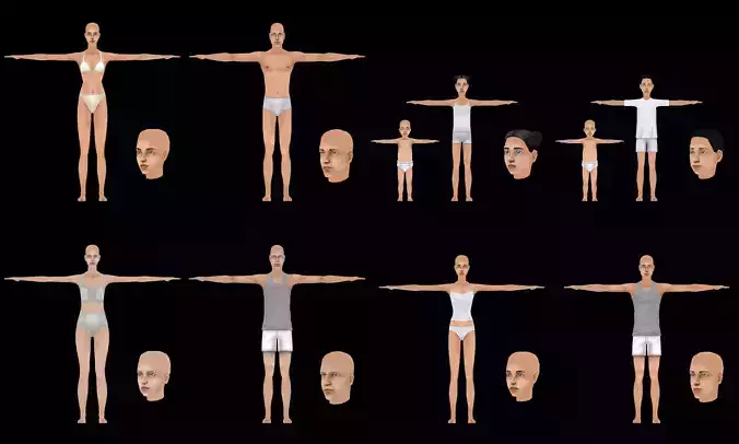 Collection Base female and male and child Low-poly 3D model